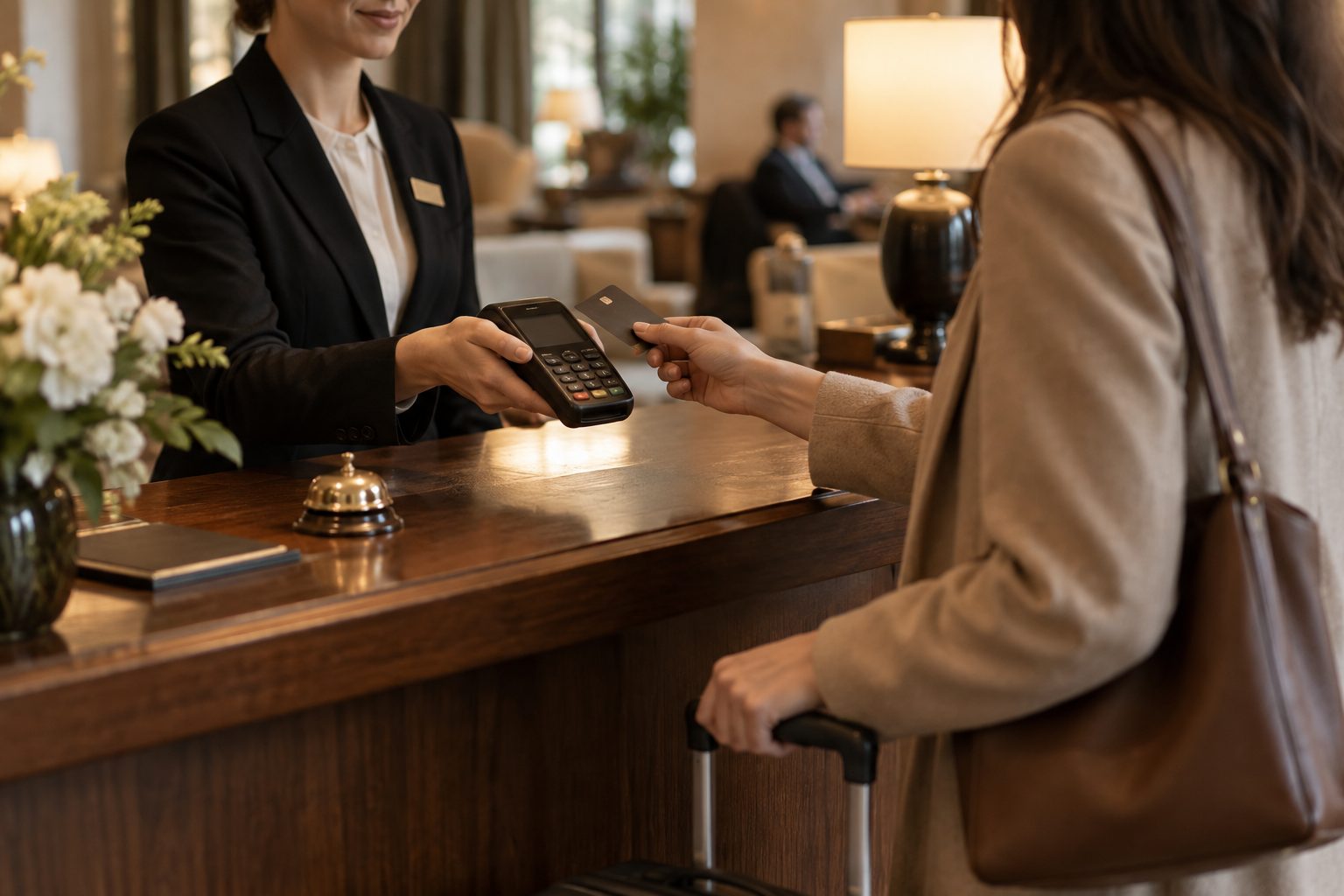 La réception d’un hôtel qui encaisse avec Shoppi Pay