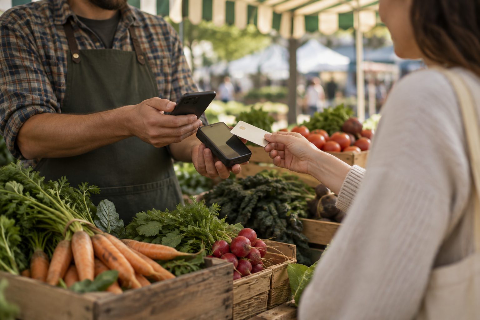Un stand de marché qui encaisse avec Shoppi Pay